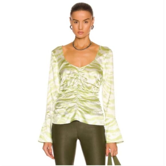 Ganni Ruched Organic Silk-Blend Top Green Zebra Print Size 36 - Picture 1 of 7